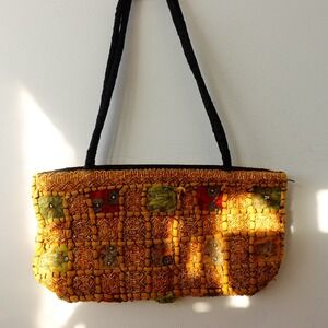 Beaded Patchwork Shoulder Bag Tan Gold Artisan Sequin Embroidered Zip Tote FLAW